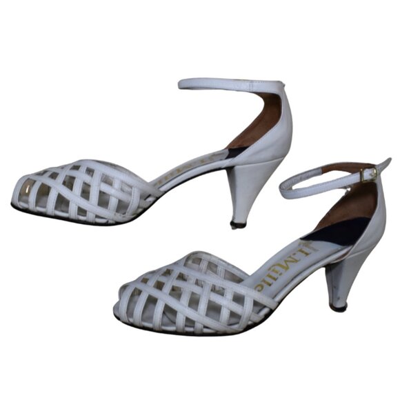 I. Miller Vintage White Leather Cage Pumps Sz 8.5 Ankle Strap Heels Chic - Picture 1 of 14